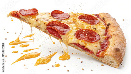 Hot and Cheesy Pepperoni Pizza Slice with Melted Cheese Stretching, Topped with Spicy Pepperoni on a Golden Brown Crust for a Tempting and Irresistible Comfort Food Indulgence