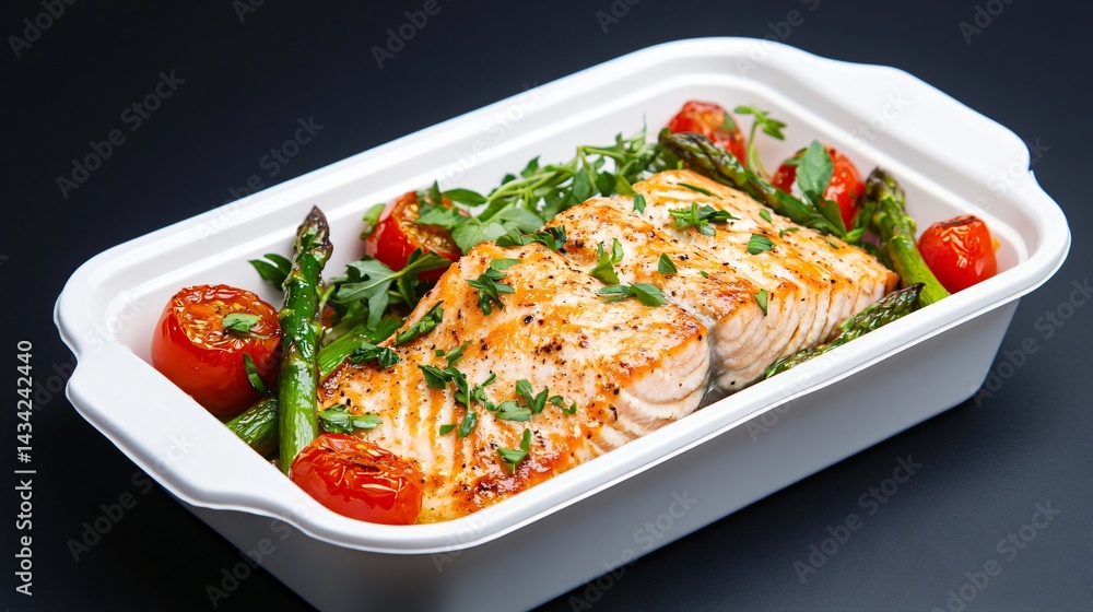 Delicious baked salmon with herbs, vibrant asparagus and cherry tomatoes in a sleek white dish, perfect for meal prep. Delicious baked salmon with herbs, vibrant asparagus and cherry tomatoes in a sleek white dish, perfect for meal prep.