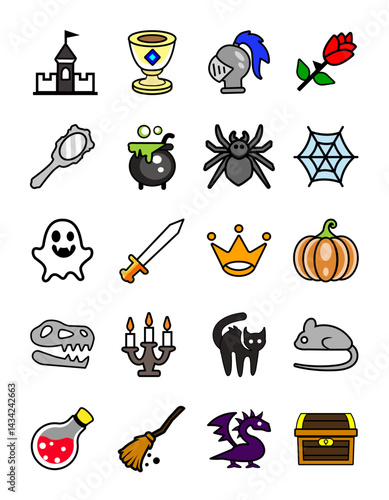 A set of vector icons on the theme of a medieval castle. Knight's helmet, dragon's skull, dragon, cauldron, potion bottle, sword, spider, rose, broom, witch attributes, weapons. Flat cute casual icons