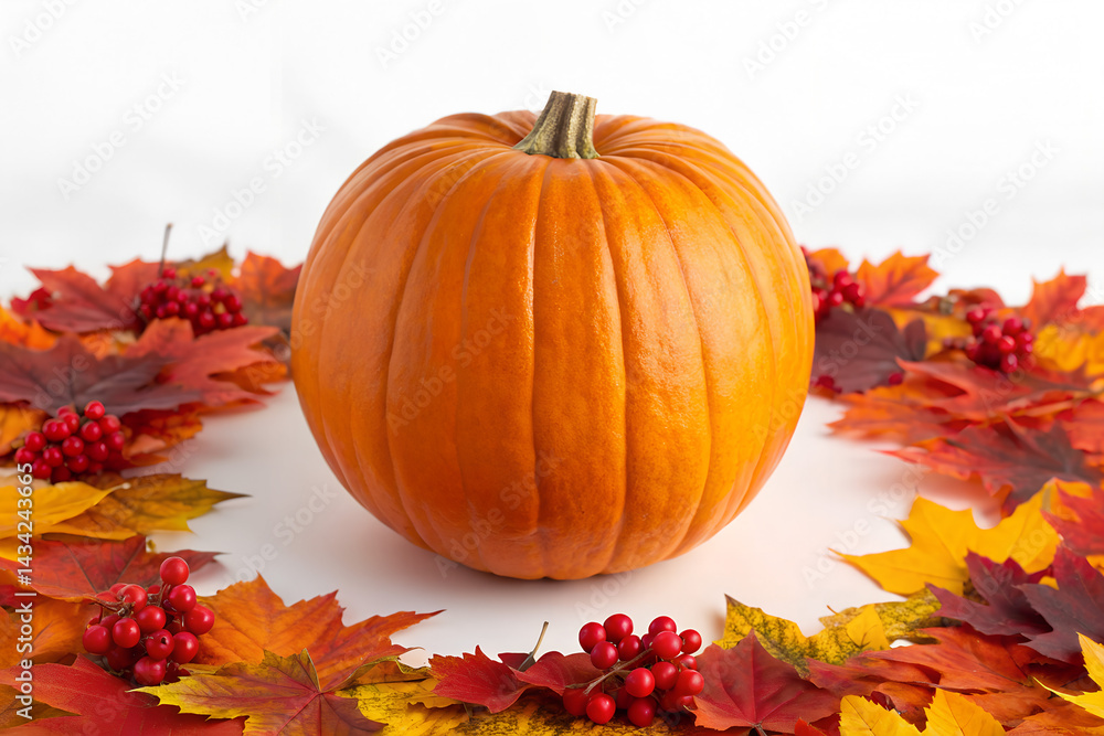 Autumn Pumpkin with Fall Leaves and Berries Autumn Pumpkin with Fall Leaves and Berries