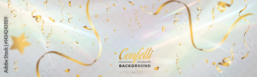 Gold confetti celebration background, festive shiny ribbons and stars, soft light pastel glow.	

