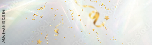 Gold confetti celebration background, festive shiny ribbons and stars, soft light pastel glow.	

