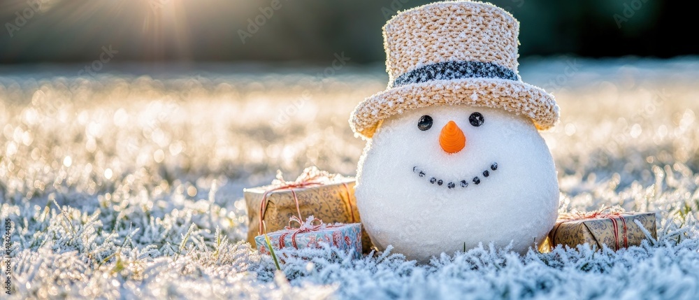 Obraz premium Frosty snowman with gifts in snowy field at sunrise. Holiday card