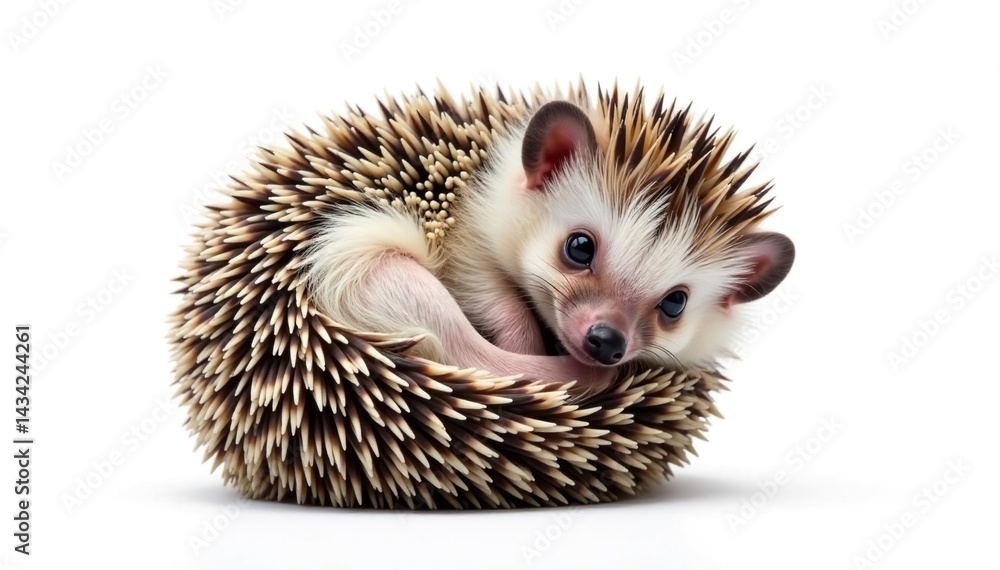 Obraz premium Tiny hedgehog curled in a ball, isolated on white background, background, white background