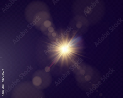 Abstract glowing starburst light with golden rays on dark purple background, creating a soft, radiant, and dynamic effect. Perfect for designs, backdrops, or visual themes.	
