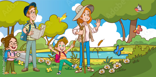 vector illustration of family hiking in the forest