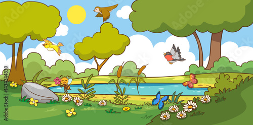Wild nature landscape with green grass, water, sky and clouds. Panoramic summer view with river, lake, flowers and plants in good warm weather. Colorful flat vector illustration of scenic view