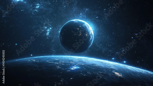 Stunning view of Earth from space with illuminated surface and cosmic stars, the planet against a dark starry universe creating a captivating celestial scene