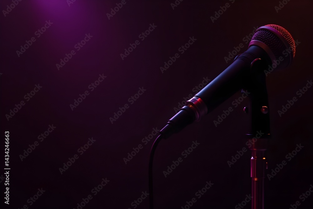 Obraz premium Isolated Microphone on a Stand with Dark Club Ambiance