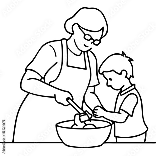 Line icon of a grandmother and grandchild baking together in the kitchen. Symbol of family bonding, home traditions, and intergenerational love.