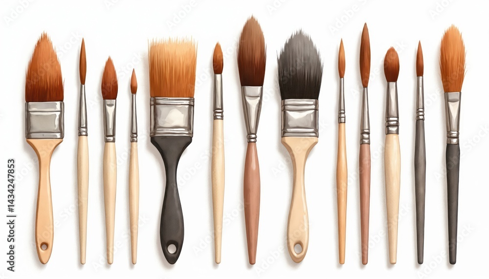 Watercolor illustration featuring array artist brushes. Various shapes sizes, natural bristles, ideal art supplies for painting. Brushes displayed against white background. Perfect for art studio,