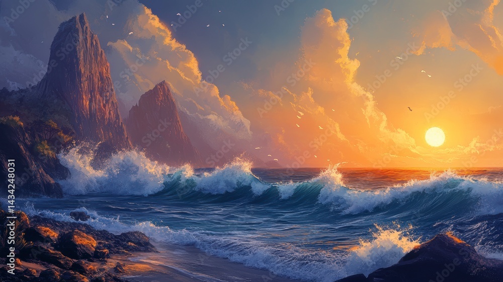 Fototapeta premium Vibrant sunset over dramatic coastal cliffs with crashing waves.