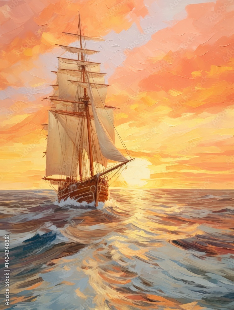 Fototapeta premium A majestic sailing ship glides across shimmering waters under a vibrant sunset, surrounded by colorful skies and gentle waves.