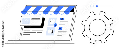 Laptop with storefront graphic, product cards, discount tag, and setting gear. Ideal for eCommerce, digital marketing, online shopping, retail, web development technology simple landing page