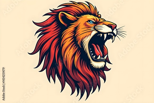 Roaring lion with bold outlines, classic American tattoo style