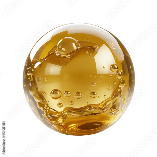 Golden bubbles vector illustration on white background, golden liquid oil bubble sphere.