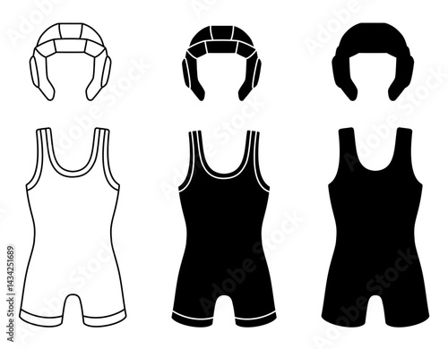 Wrestling Singlet Bodysuit Clipart with Headgear Helmet - Outline and Silhouette Stamps on a Transparent Background