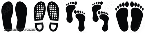 Human foot and shoe print icons set vector illustration.