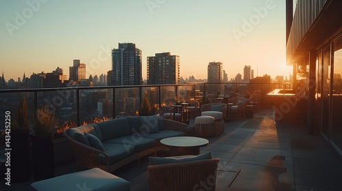 Urban rooftop patio at sunset, overlooking a city skyline.