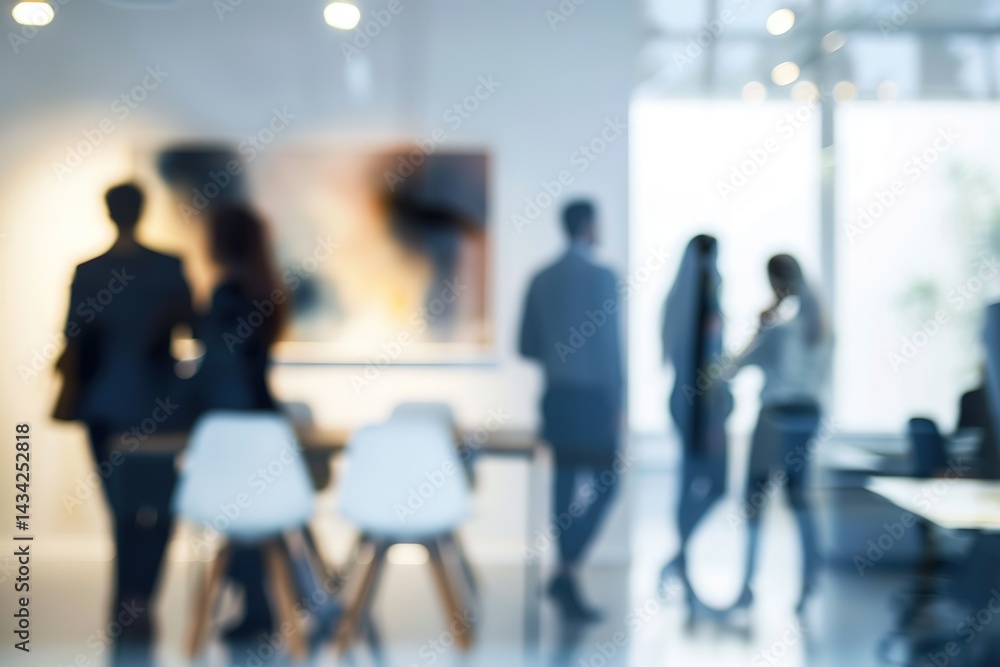 Blurred vision of office workers in a brightly lit modern open space environment