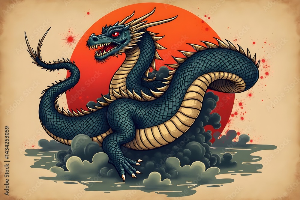 Obraz premium Fierce Komodo Dragon with Intense Gaze in Vintage Traditional Tattoo Design