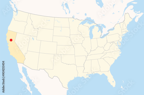 Location Map of the city Yuba City in California, USA. The state is marked orange and the city is highlighted with a red dot. No labels at all.