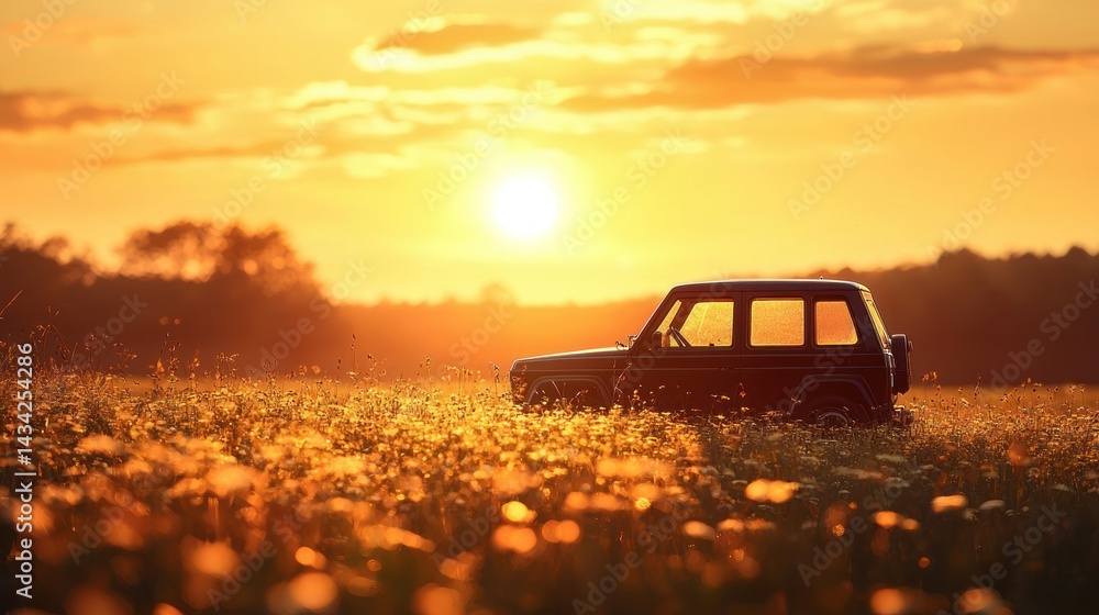 Fototapeta premium Sunset SUV in field
