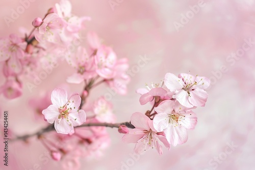 Delicate pink cherry blossoms bloom on a branch against a soft dreamy pink background