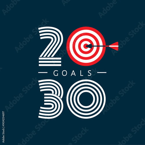 2030 Year Goals square banner with the year big number, symbolic round target and dart arrow in the center. Vector modern illustration, sign, label, icon, emblem for strategic future planning