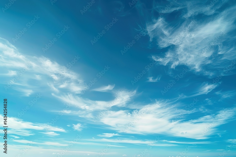 Whispy white clouds float across a bright blue sky creating a serene atmosphere Whispy white clouds float across a bright blue sky creating a serene atmosphere