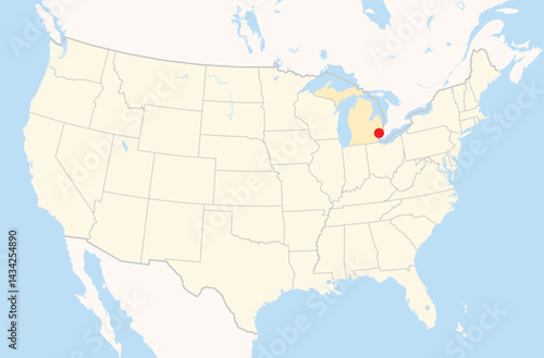 Location Map of the city Warren in Michigan, USA. The state is marked orange and the city is highlighted with a red dot. No labels at all.
