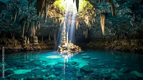 Exploring Crystal Clear Cenote with Sunbeams and Stalactites