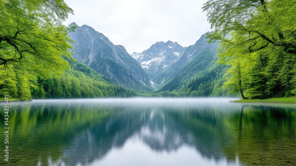 Serene mountain lake reflecting misty peaks. Lush green forest surrounds tranquil water Serene mountain lake reflecting misty peaks. Lush green forest surrounds tranquil water