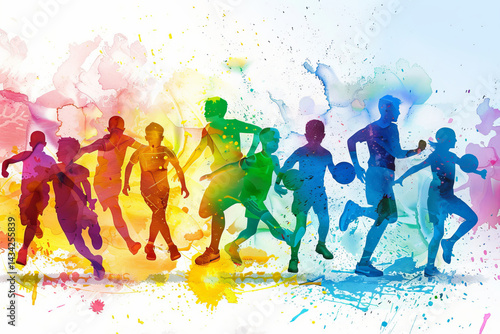 Colorful silhouettes of schoolchildren playing sports games
