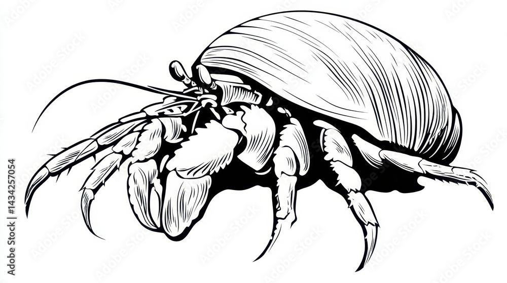 Obraz premium Detailed illustration of a hermit crab in profile view.