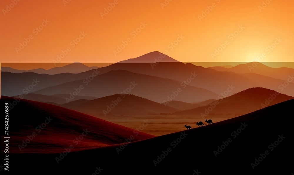Obraz premium Kangaroos silhouette against fiery mountain sunset