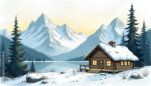 Cozy cabin by serene lake in snowy mountain landscape  