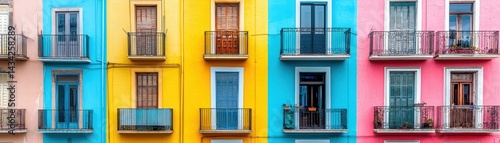 A vibrant facade featuring colorful balconies and doors, showcasing a lively urban aesthetic in striking yellow, blue, and pink hues.