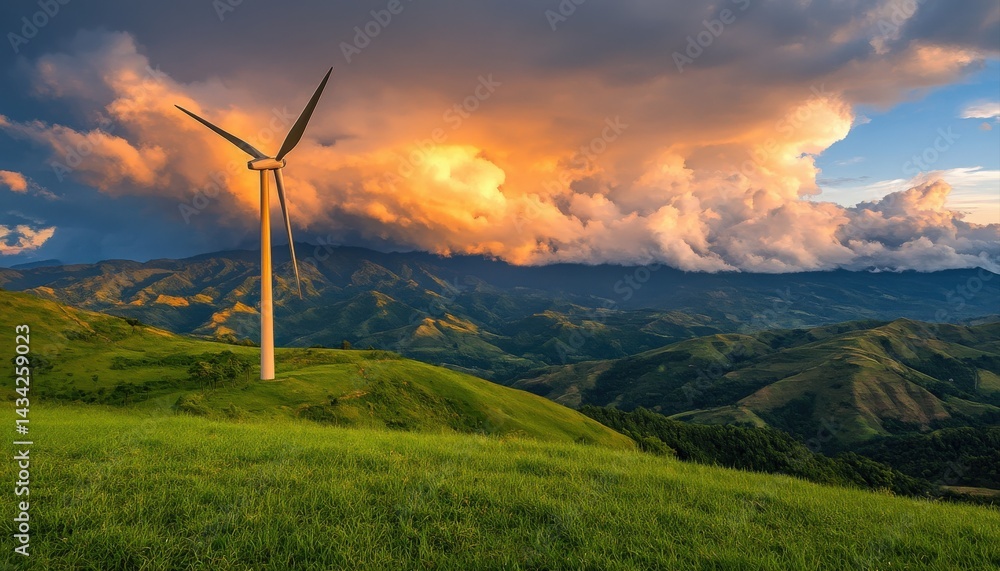 Obraz premium Wind turbine amidst dramatic clouds and lush green hills.