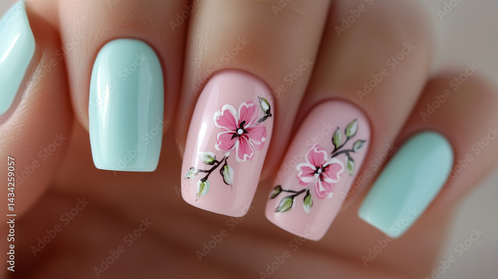 Detailed view of pastel-colored nails with delicate floral nail art.