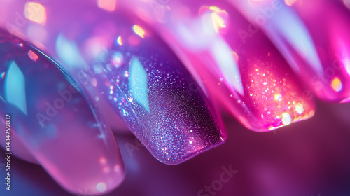 Macro image of shimmering gel polish under salon lighting.