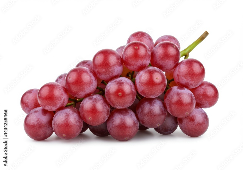 Close up of a bunch of fresh red grapes with a green stem visible isolated on white background Close up of a bunch of fresh red grapes with a green stem visible isolated on white background