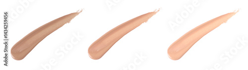 Makeup liquid foundation smear composition isolated on white background, different shades of foundation