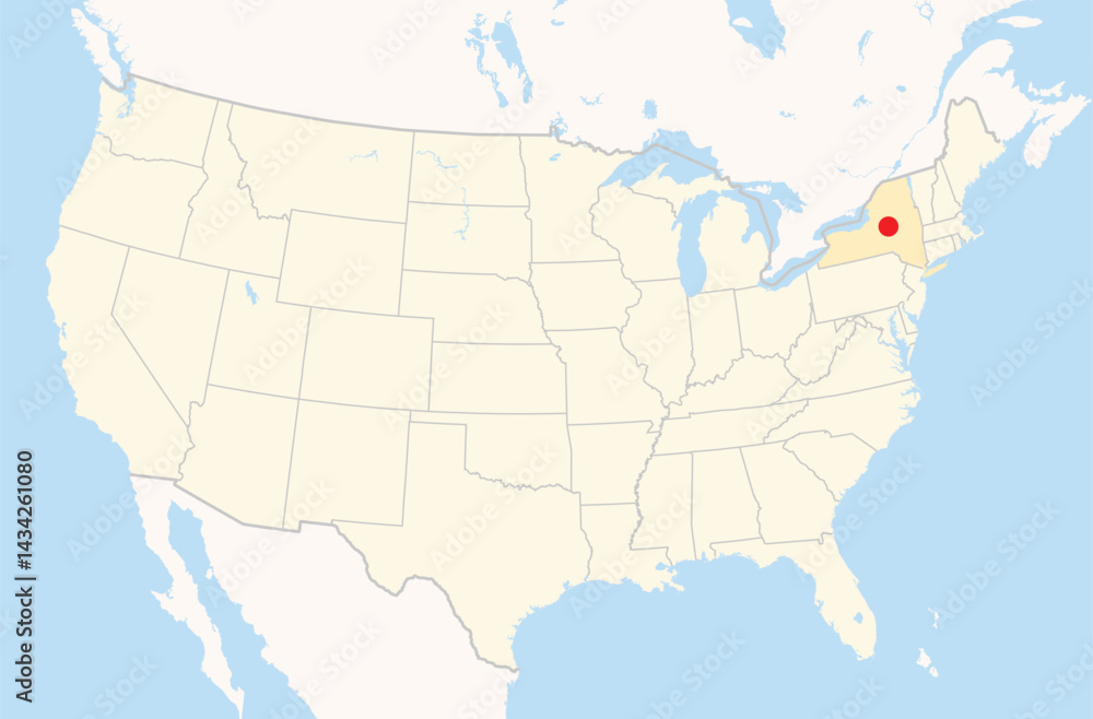 Obraz premium Location Map of the city Utica in New York, USA. The state is marked orange and the city is highlighted with a red dot. No labels at all.