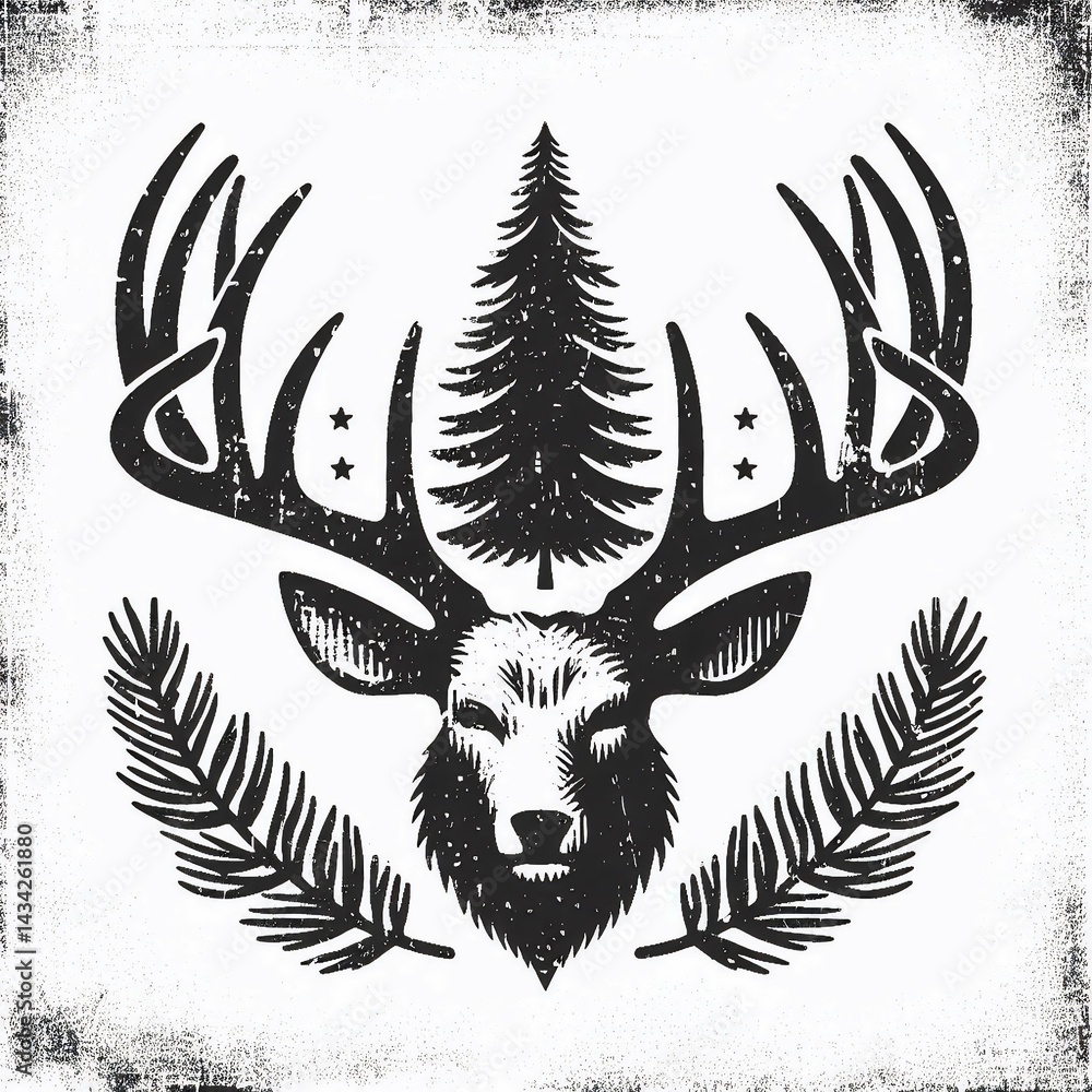 Fototapeta premium Woodcut Stag Pine Crown Festive Sprigs