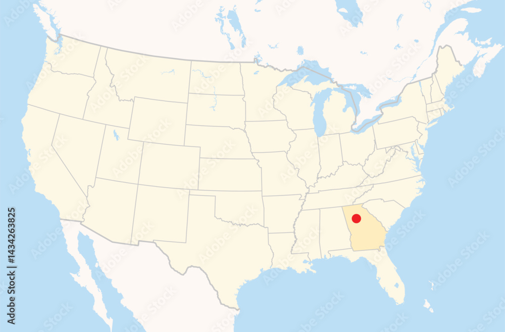 Obraz premium Location Map of the city Stonecrest in Georgia, USA. The state is marked orange and the city is highlighted with a red dot. No labels at all.