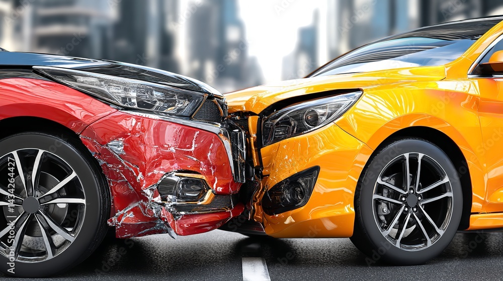 Close-Up of Red and Orange Cars Colliding on Urban Street with Motion Blur Background Close-Up of Red and Orange Cars Colliding on Urban Street with Motion Blur Background