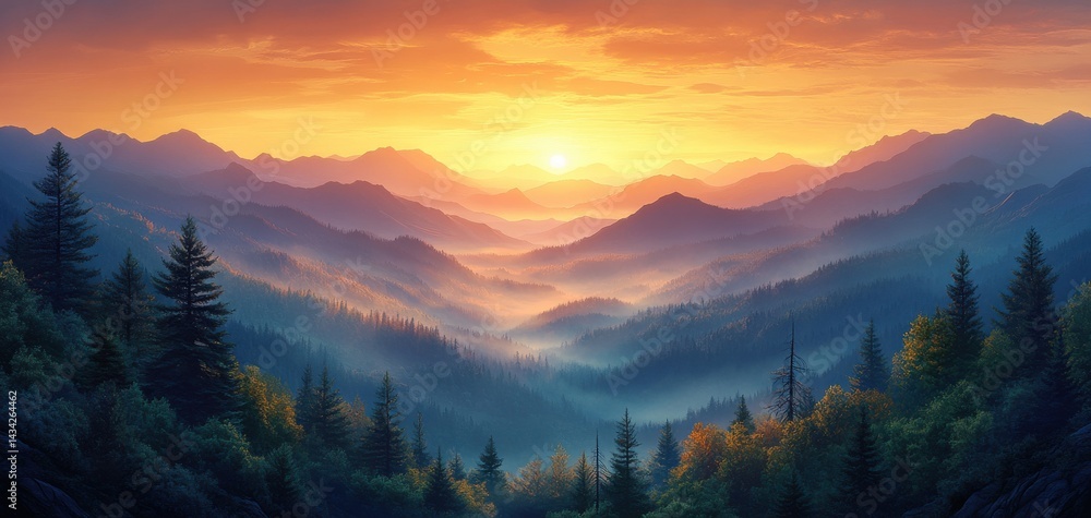 Obraz premium Serene Mountain Landscape with Misty Sunrise Over Forested Hills