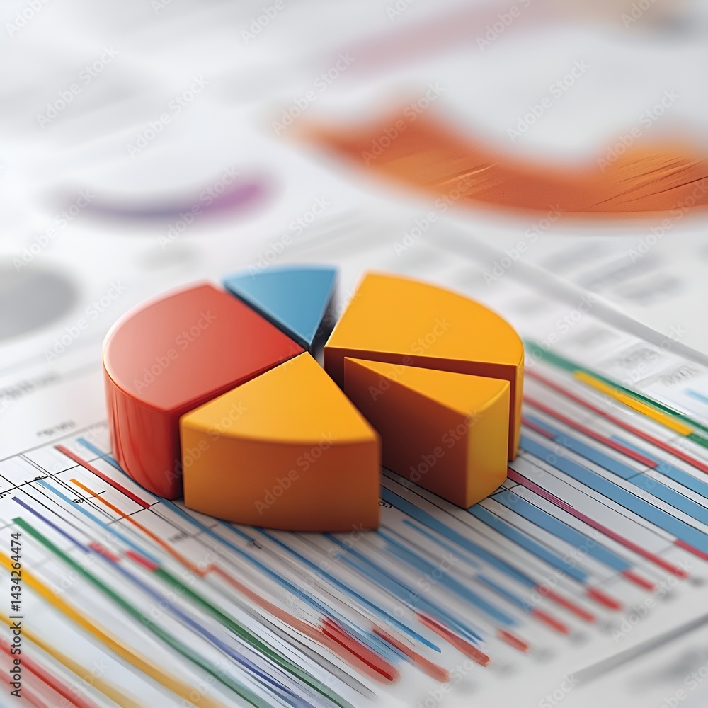 Fototapeta premium Realistic 3d data visualizations on financial reports bar graphs, pie charts, and line trend
