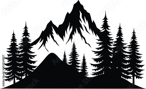 Mountain and Pine Forest Silhouette Icon, Forest and Mountain Vector